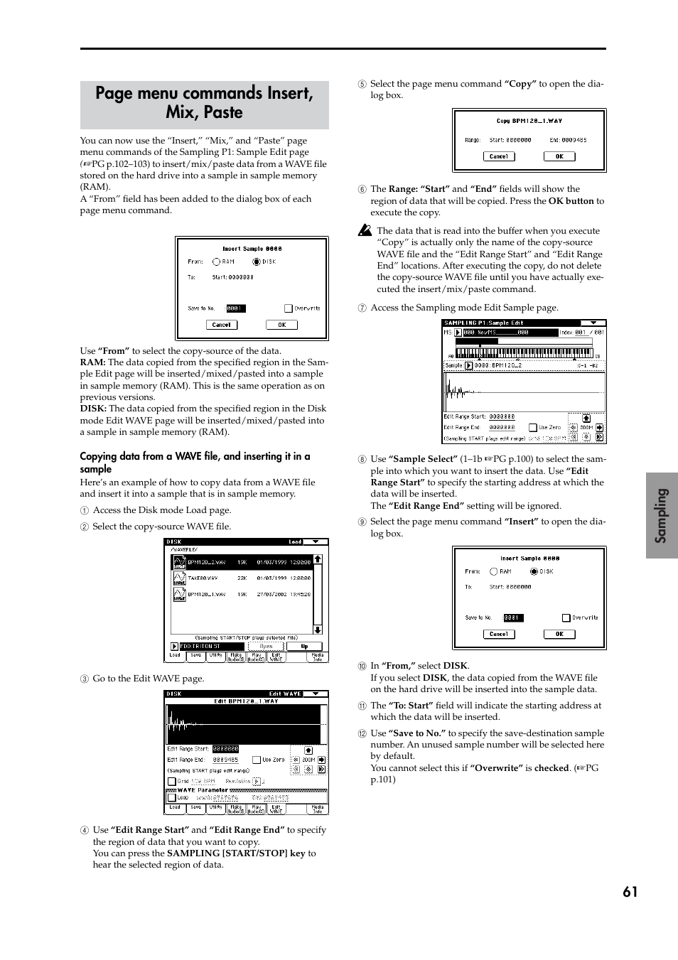 P.61, P.61 “sam, Eplaced by the pasted data | P.61 “sampling mode, Page menu commands insert, mix, paste | KORG TRITON STUDIO V2 User Manual | Page 66 / 77