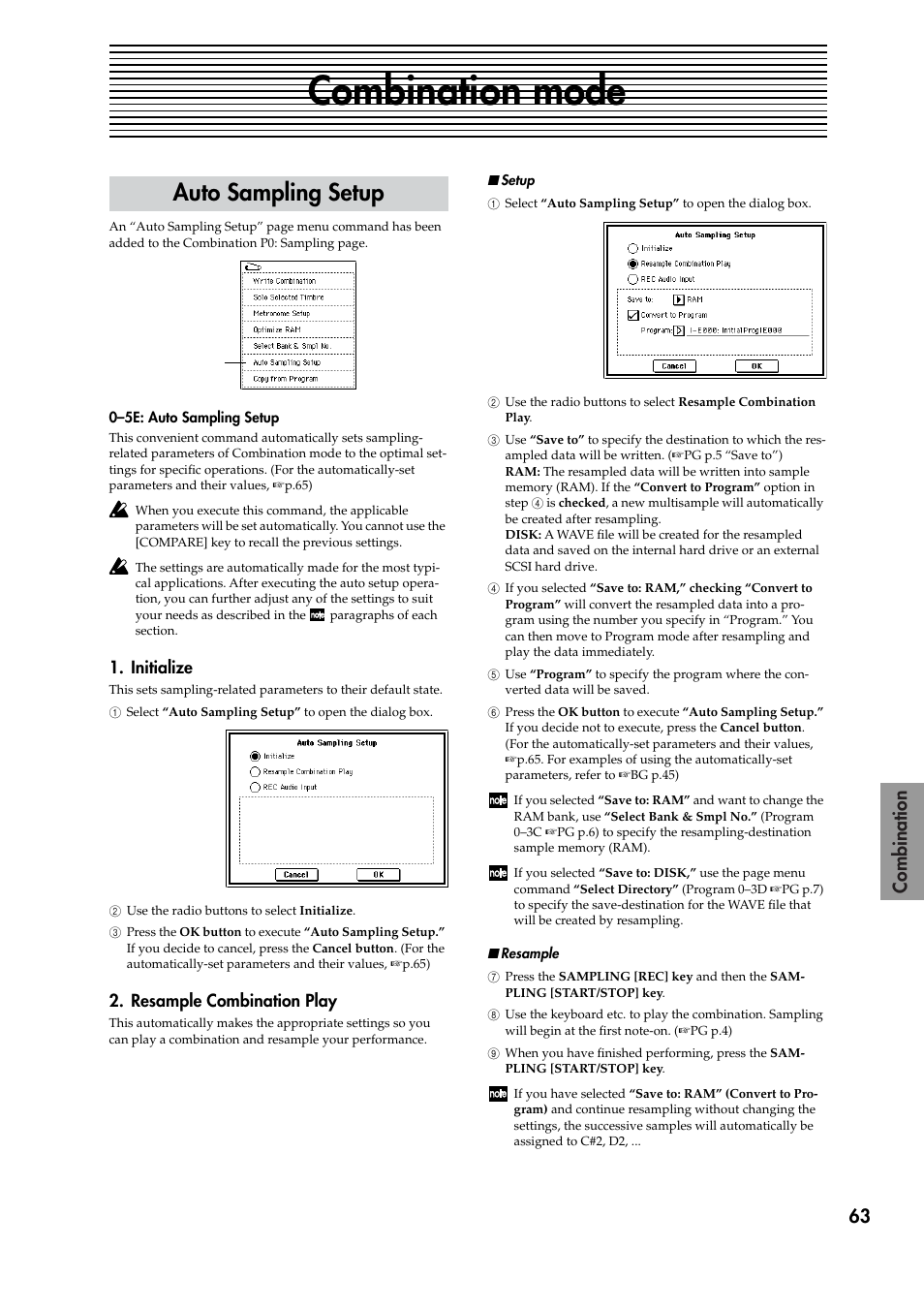 Combination mode, Auto sampling setup, Initialize | Resample combination play, Initialize 2. resample combination play | KORG TRITON STUDIO V2 User Manual | Page 68 / 77