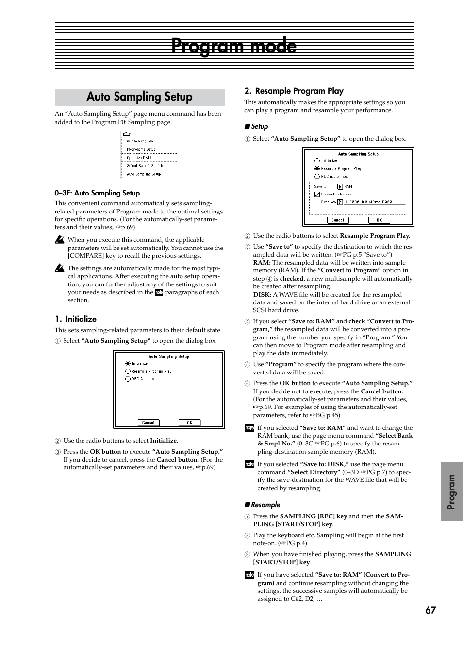 Program mode, Auto sampling setup, Initialize | Resample program play, Initialize 2. resample program play | KORG TRITON STUDIO V2 User Manual | Page 72 / 77