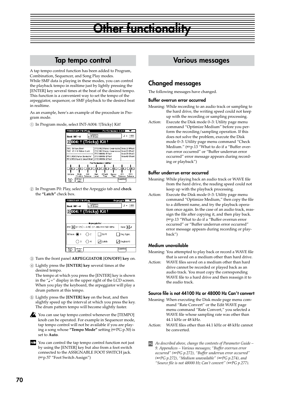 Other functionality, Tap tempo control, Various messages | Changed messages, Ap tempo control, P.70) | KORG TRITON STUDIO V2 User Manual | Page 75 / 77