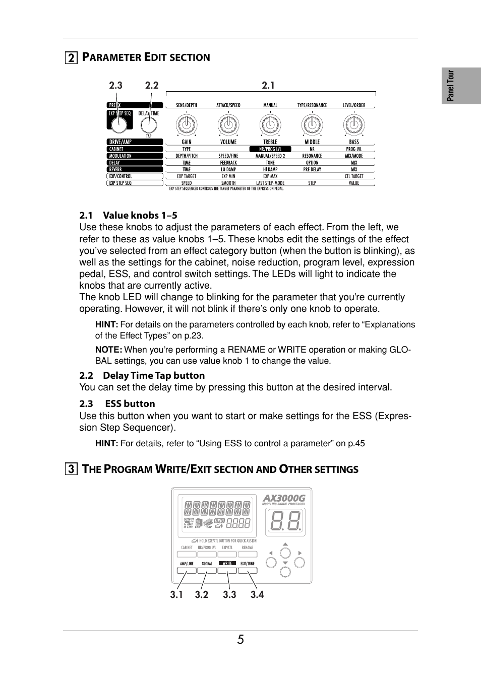 Parameter edit section, The program write/exit section and other settings | KORG Ax3000g User Manual | Page 11 / 67