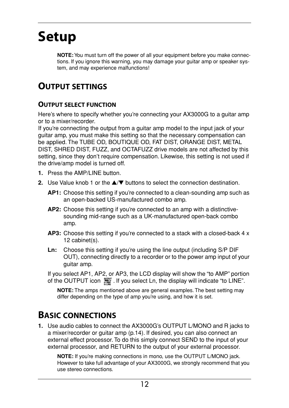 Setup, Output settings, Output select function | Basic connections, E selected (p.12) | KORG Ax3000g User Manual | Page 18 / 67