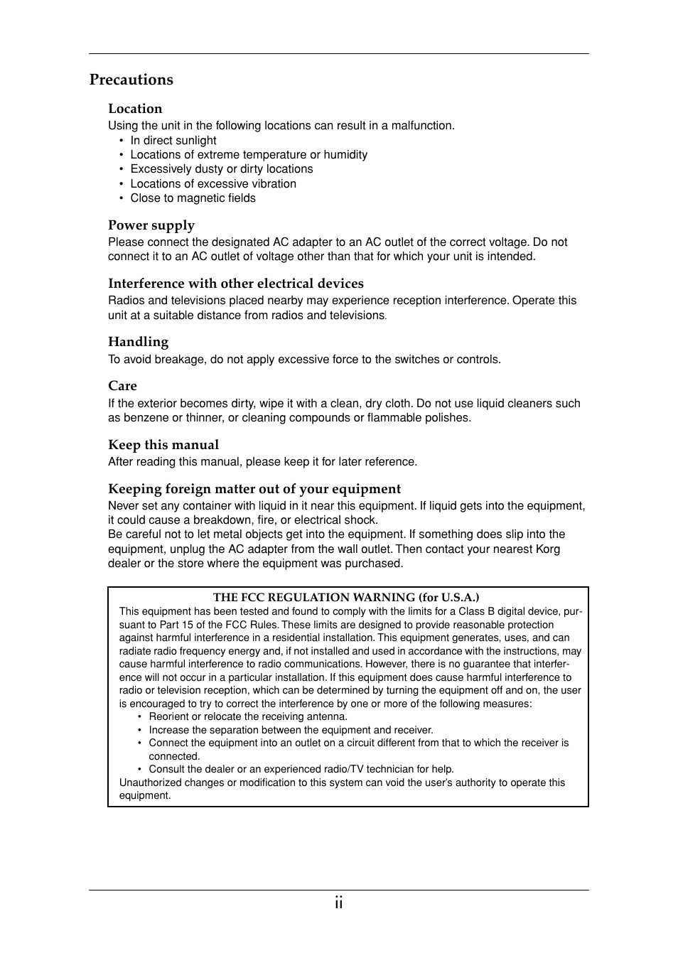 Precautions | KORG Ax3000g User Manual | Page 2 / 67