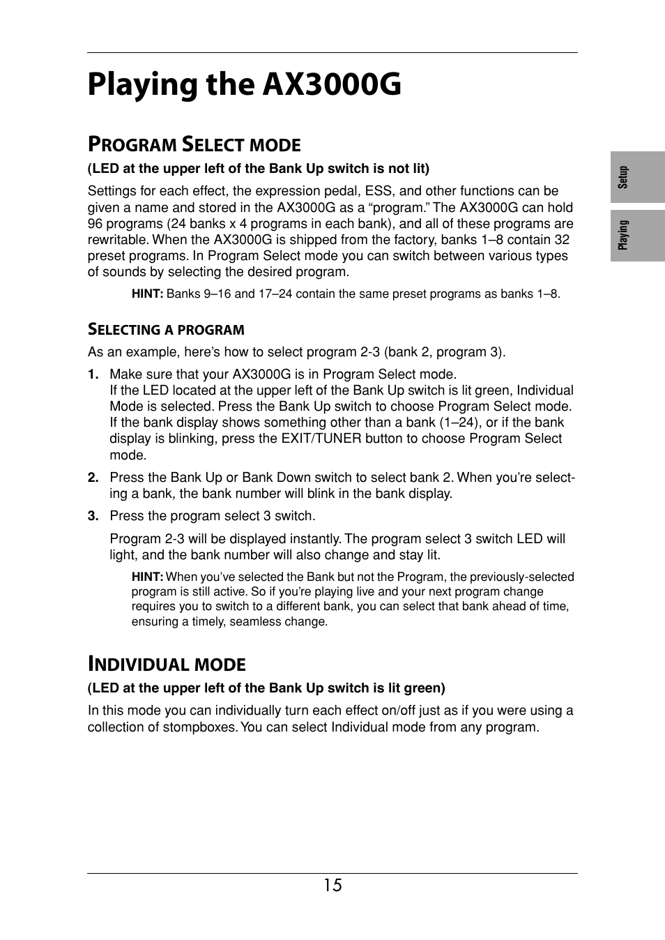 Playing the ax3000g, Program select mode, Selecting a program | Individual mode, Rogram, Elect, Mode, Ndividual | KORG Ax3000g User Manual | Page 21 / 67