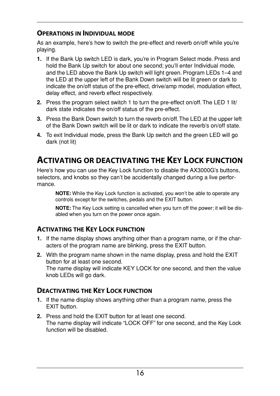 Operations in individual mode, Activating or deactivating the key lock function, Activating the key lock function | Deactivating the key lock function, And knobs (p.16, 21) | KORG Ax3000g User Manual | Page 22 / 67