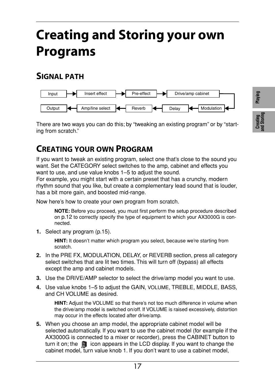 Creating and storing your own programs, Signal path, Creating your own program | Refer to “creating your own program” on p.17, Ignal, Path, Reating, Your, Rogram | KORG Ax3000g User Manual | Page 23 / 67