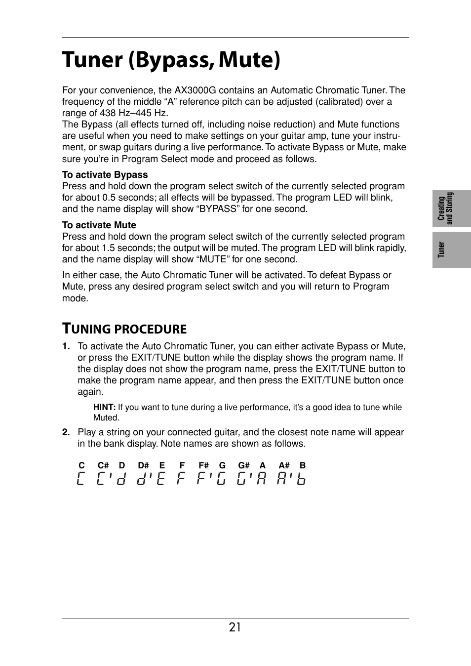 Tuner (bypass, mute), Tuning procedure, Uning | Procedure | KORG Ax3000g User Manual | Page 27 / 67