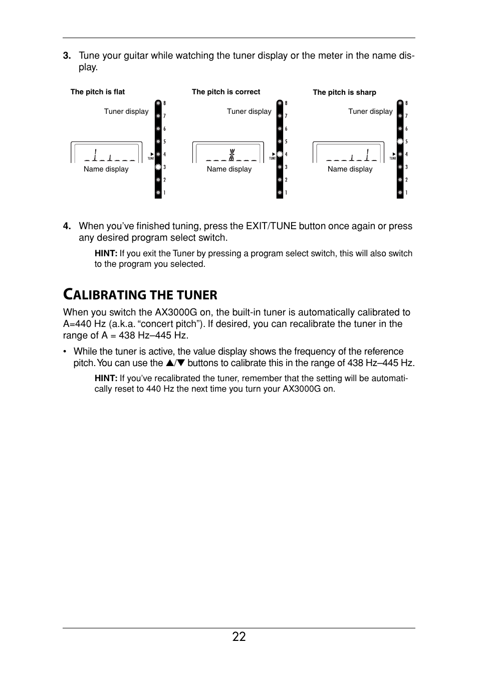 Calibrating the tuner, Alibrating, Tuner | KORG Ax3000g User Manual | Page 28 / 67