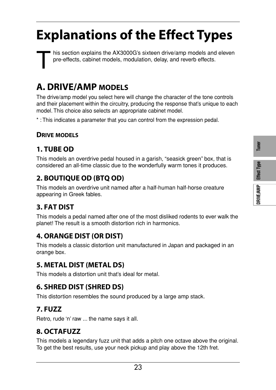 Explanations of the effect types, A. drive/amp models, Drive models | A. drive/amp | KORG Ax3000g User Manual | Page 29 / 67