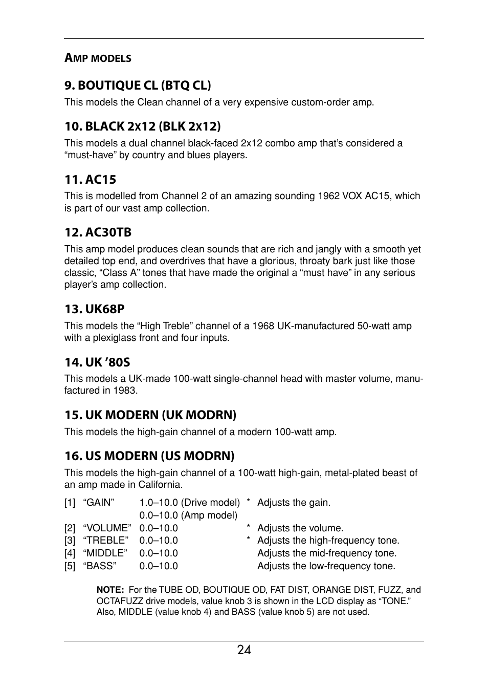 Amp models, Boutique cl (btq cl), Black 2 | 12 (blk 2, Ac15, Ac30tb, Uk68p, Uk ’80s, Uk modern (uk modrn), Us modern (us modrn) | KORG Ax3000g User Manual | Page 30 / 67