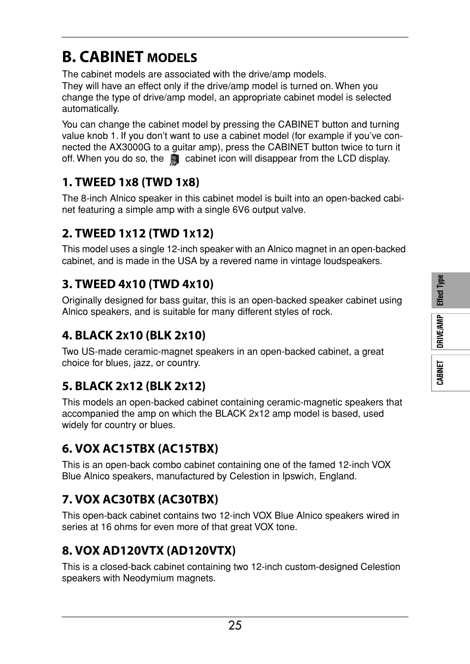 B. cabinet models, B. cabinet, Odels | Models, Tweed 1, 8 (twd 1, 12 (twd 1, Tweed 4, 10 (twd 4, Black 2 | KORG Ax3000g User Manual | Page 31 / 67