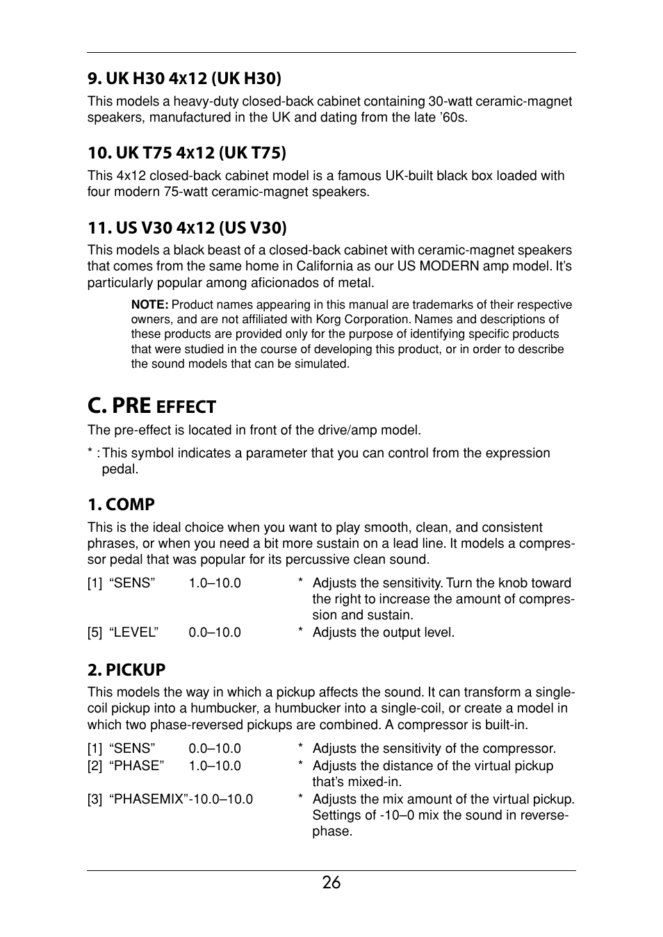 C. pre effect, C. pre, Effect | Uk h30 4, 12 (uk h30), Uk t75 4, 12 (uk t75), Us v30 4, 12 (us v30), Comp | KORG Ax3000g User Manual | Page 32 / 67