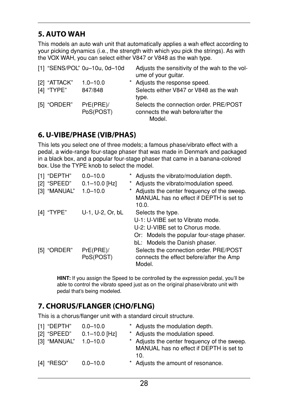Auto wah, U-vibe/phase (vib/phas), Chorus/flanger (cho/flng) | KORG Ax3000g User Manual | Page 34 / 67