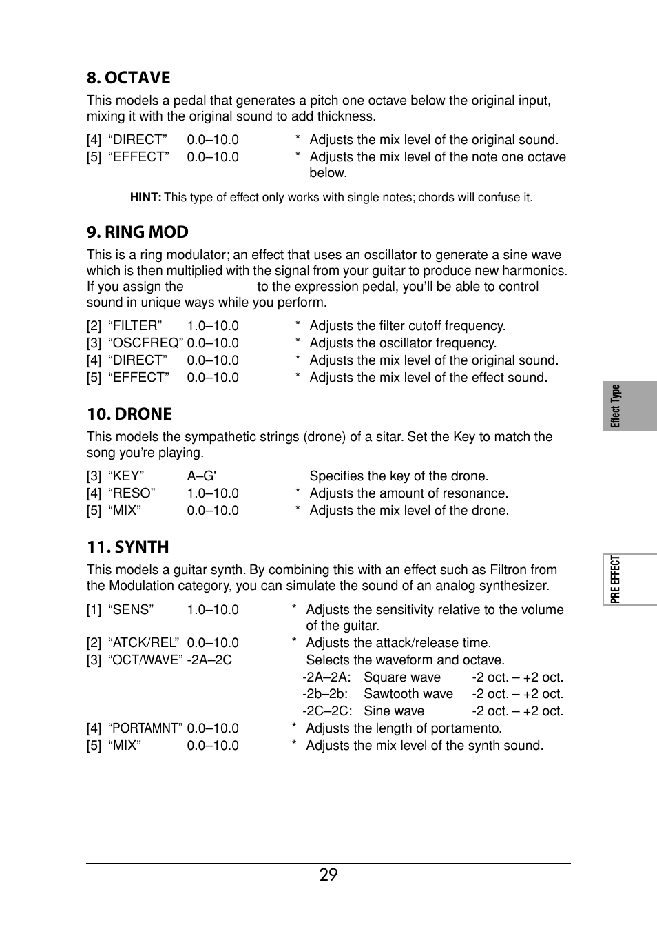 Octave, Ring mod, Drone | Synth | KORG Ax3000g User Manual | Page 35 / 67