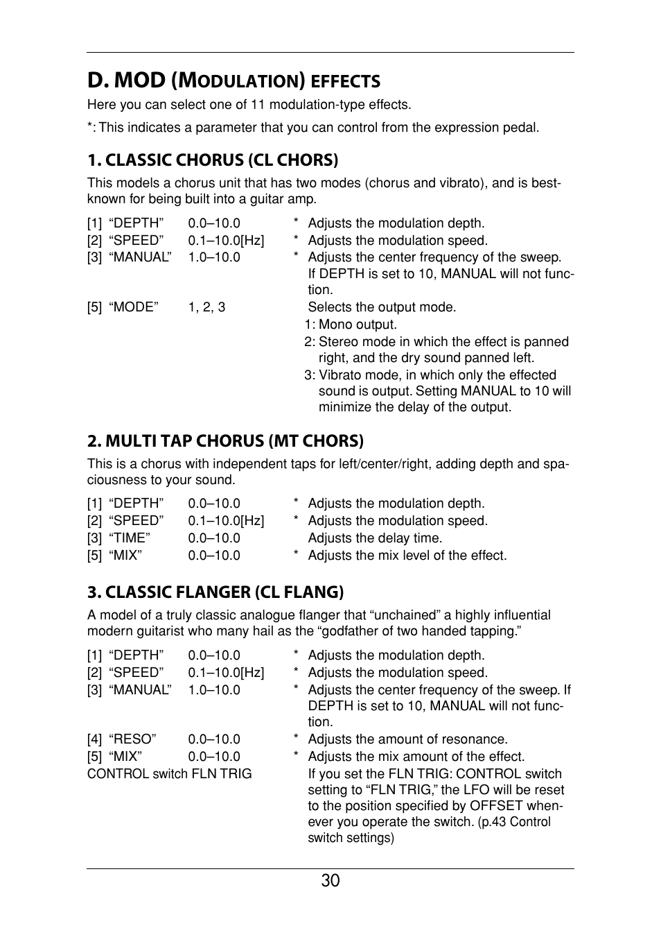 D. mod (modulation) effects, D. mod (m, Odulation | Effects, Classic chorus (cl chors), Multi tap chorus (mt chors), Classic flanger (cl flang) | KORG Ax3000g User Manual | Page 36 / 67