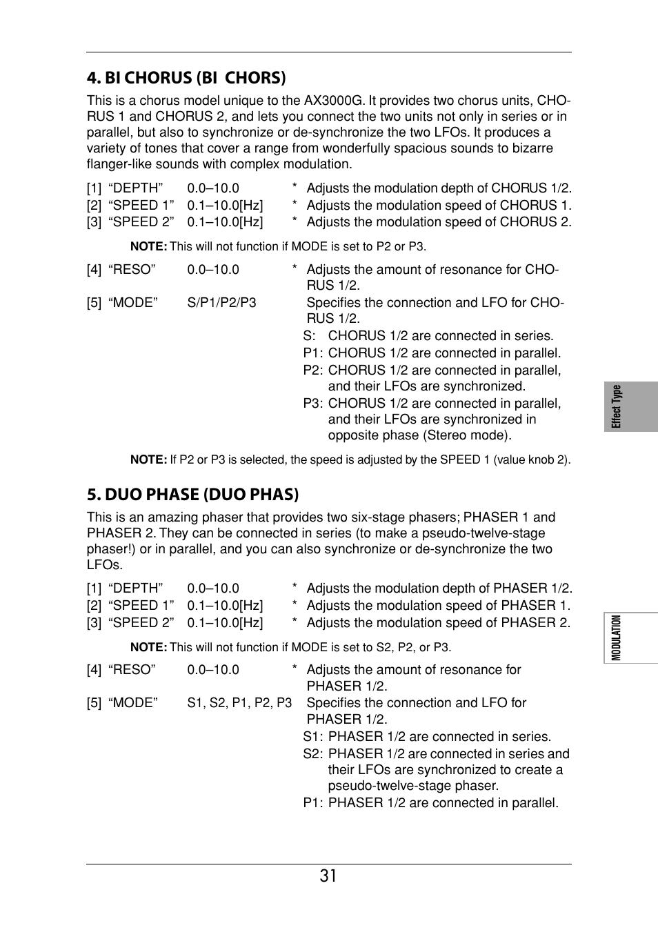 Bi chorus (bi chors), Duo phase (duo phas) | KORG Ax3000g User Manual | Page 37 / 67