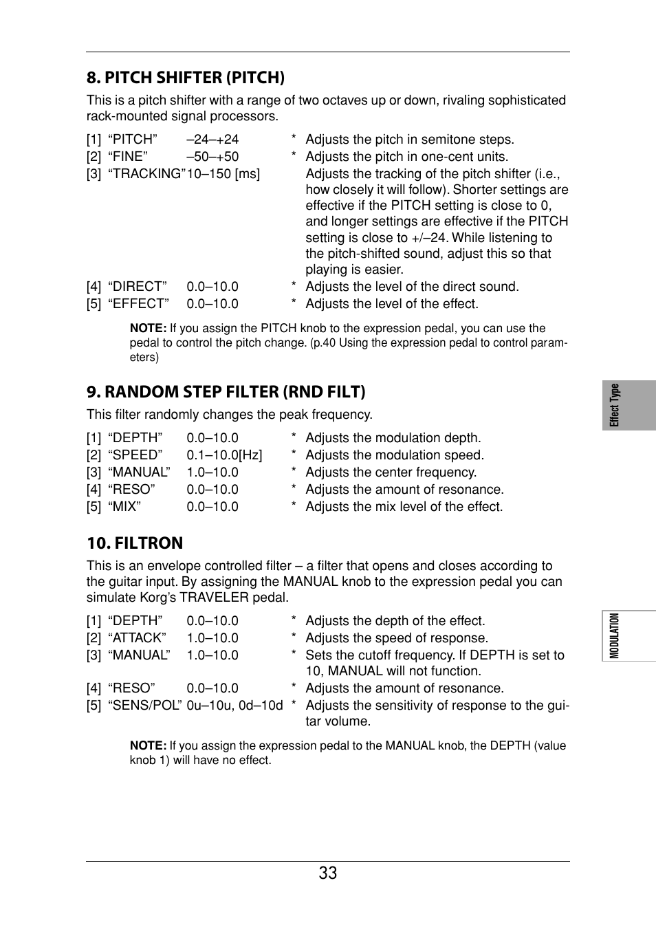 Pitch shifter (pitch), Random step filter (rnd filt), Filtron | KORG Ax3000g User Manual | Page 39 / 67