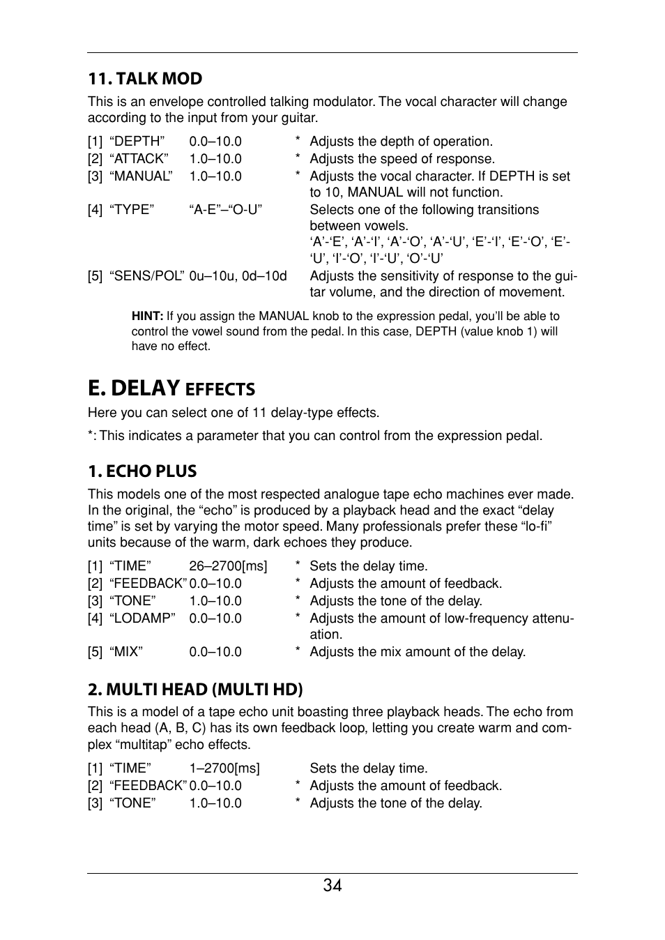E. delay effects, E. delay, Effects | Talk mod, Echo plus, Multi head (multi hd) | KORG Ax3000g User Manual | Page 40 / 67
