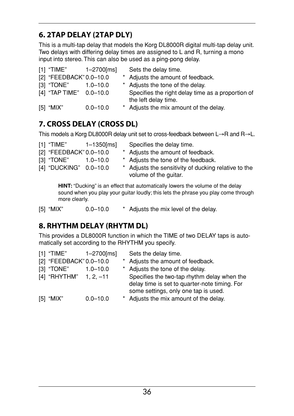 2tap delay (2tap dly), Cross delay (cross dl), Rhythm delay (rhytm dl) | KORG Ax3000g User Manual | Page 42 / 67