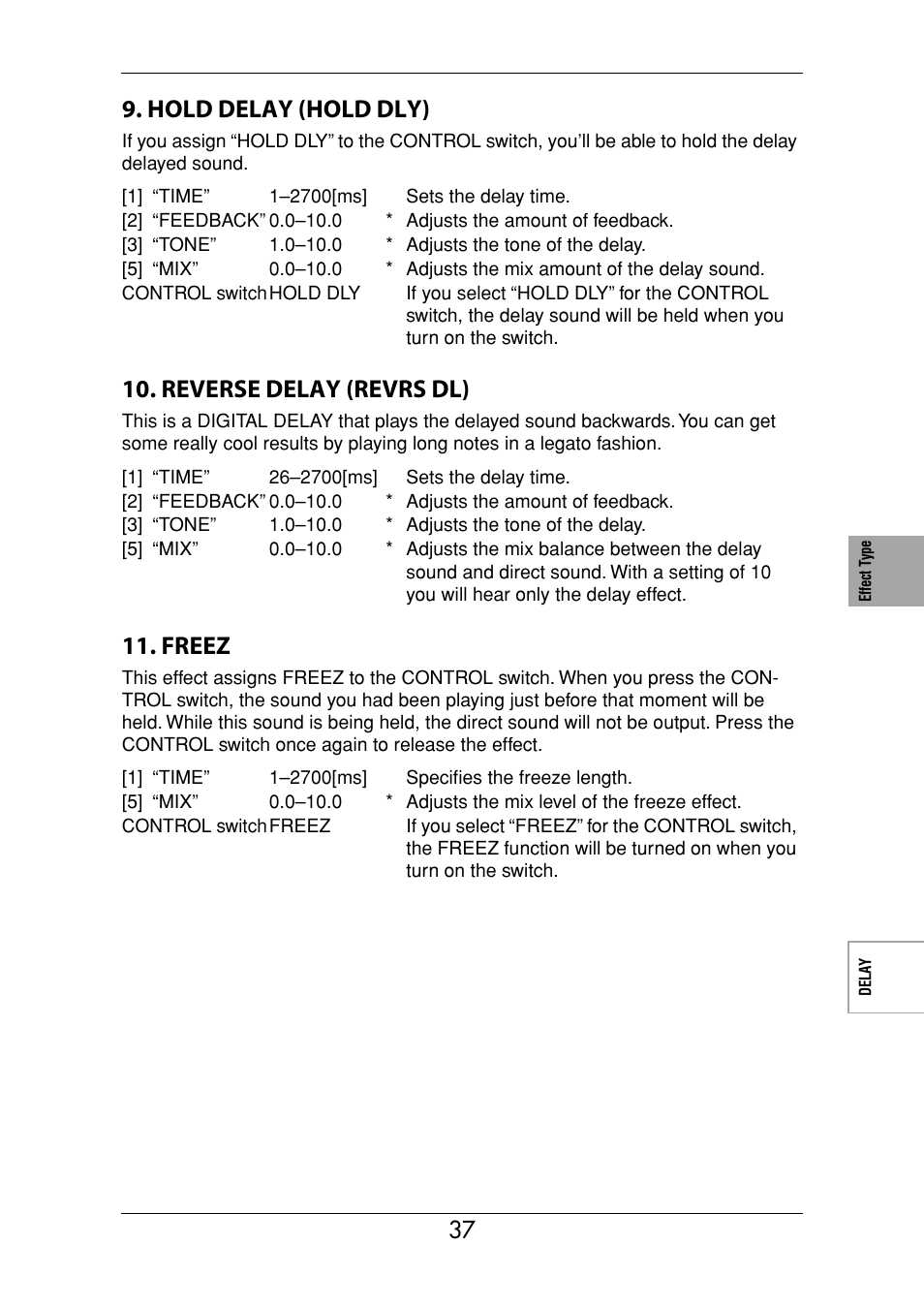Hold delay (hold dly), Reverse delay (revrs dl), Freez | KORG Ax3000g User Manual | Page 43 / 67