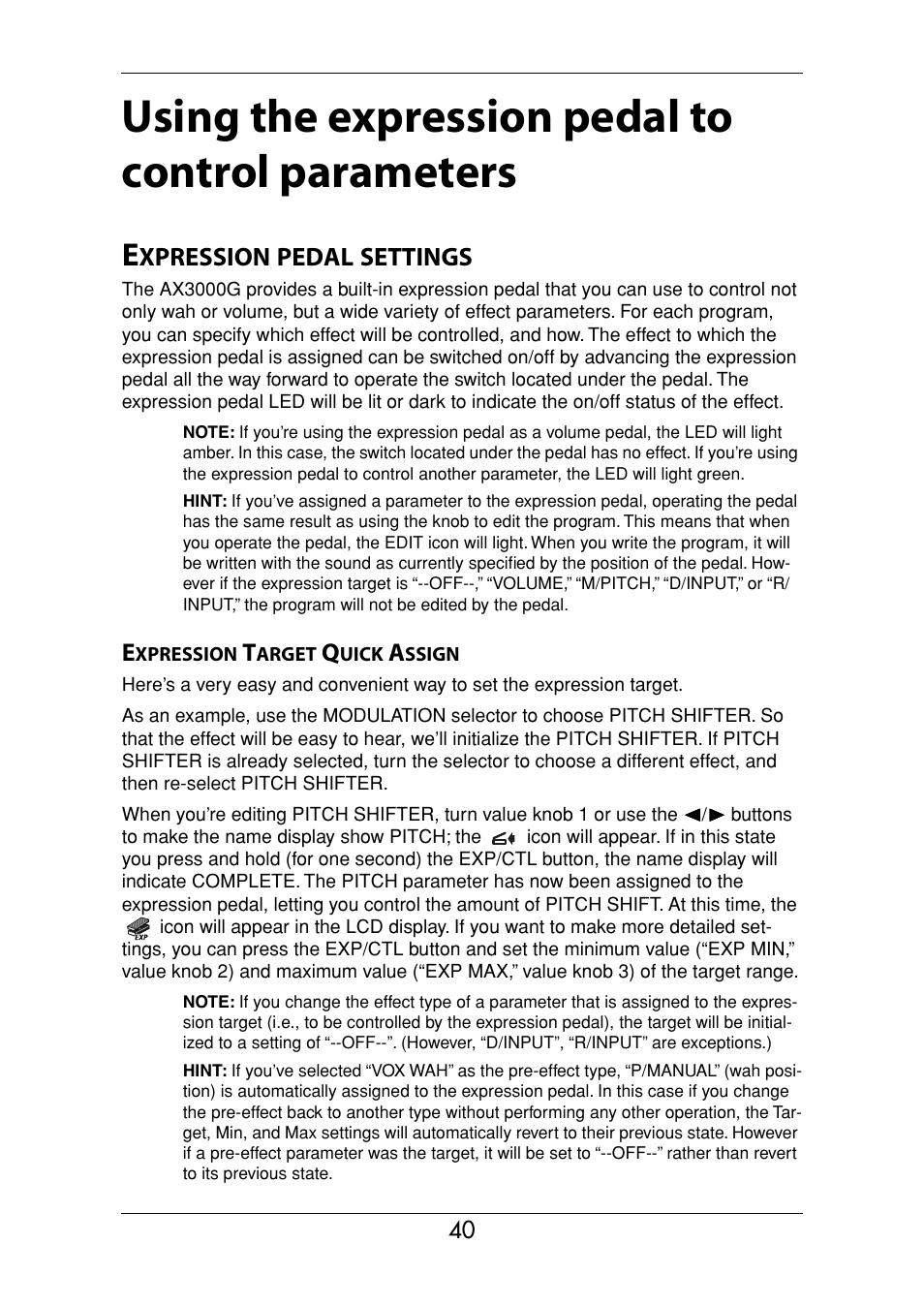 Using the expression pedal to control parameters, Expression pedal settings, Expression target quick assign | P.40, Xpression, Pedal, Settings | KORG Ax3000g User Manual | Page 46 / 67