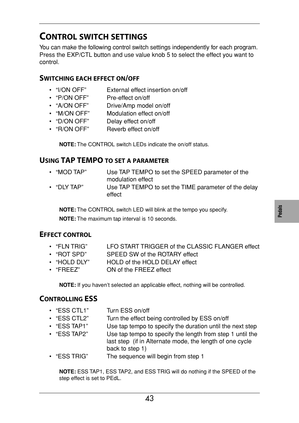 Control switch settings, Switching each effect on/off, Using tap tempo to set a parameter | Effect control, Controlling ess, Ontrol, Switch, Settings, Tap tempo | KORG Ax3000g User Manual | Page 49 / 67