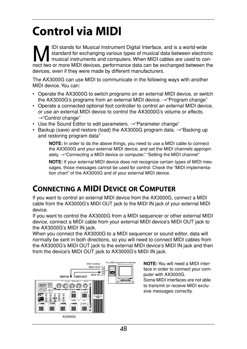 Control via midi, Connecting a midi device or computer, Midi d | KORG Ax3000g User Manual | Page 54 / 67