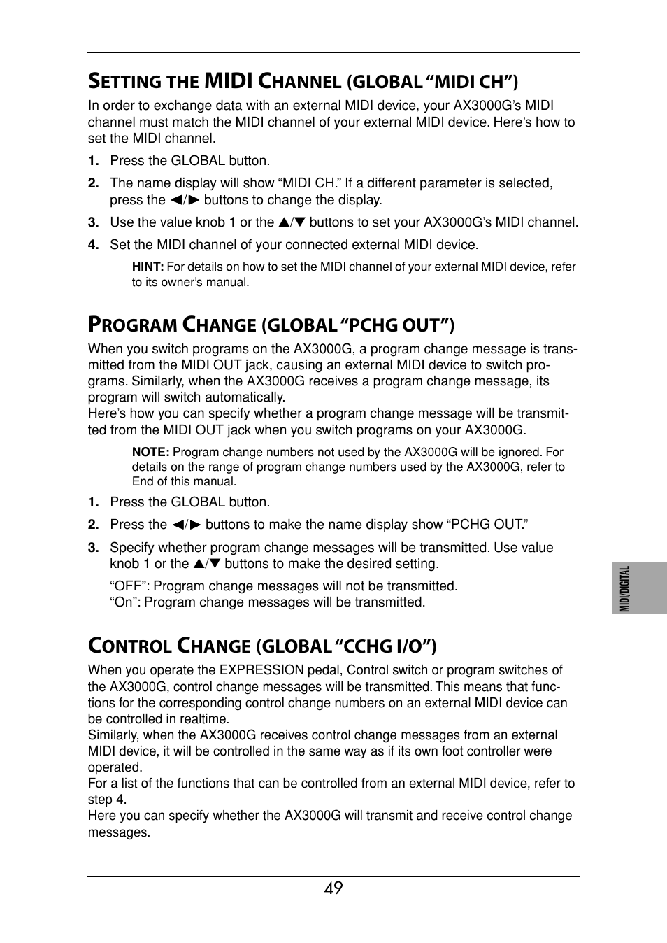 Setting the midi channel (global “midi ch”), Program change (global “pchg out”), Control change (global “cchg i/o”) | P.49), Midi c, Global “midi ch”), Global “pchg out”), Global “cchg i/o”), Etting, Hannel | KORG Ax3000g User Manual | Page 55 / 67