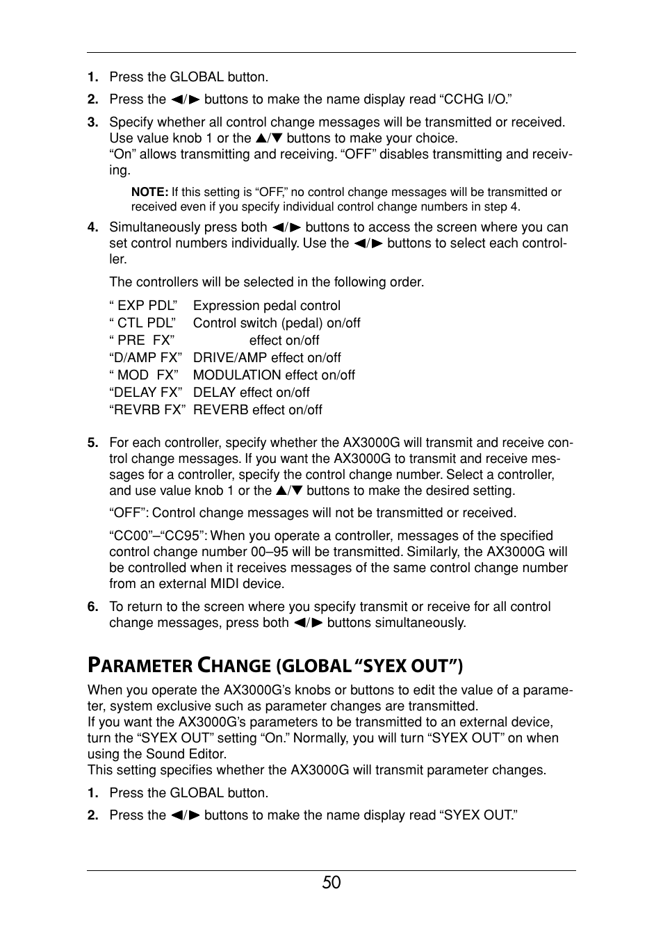 Parameter change (global “syex out”), P.50), Global “syex out”) | Arameter, Hange | KORG Ax3000g User Manual | Page 56 / 67