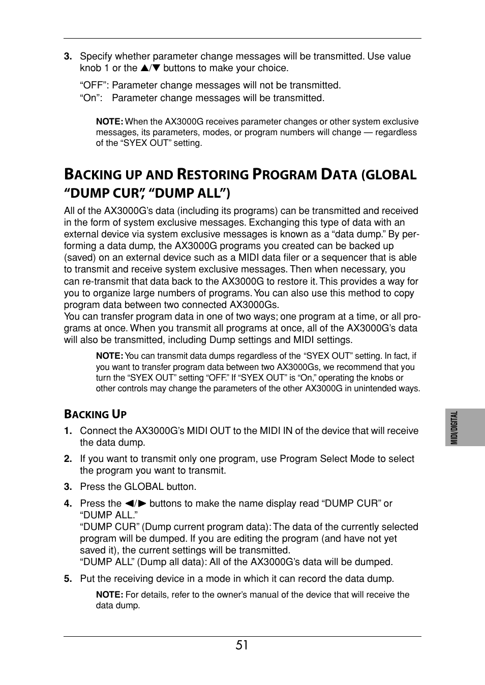 Backing up, P.51), Global “dump cur”, “dump all”) | Acking, Estoring, Rogram | KORG Ax3000g User Manual | Page 57 / 67