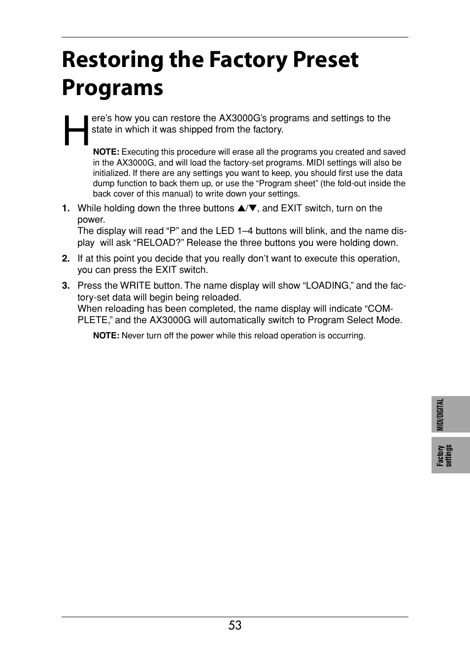 Restoring the factory preset programs | KORG Ax3000g User Manual | Page 59 / 67