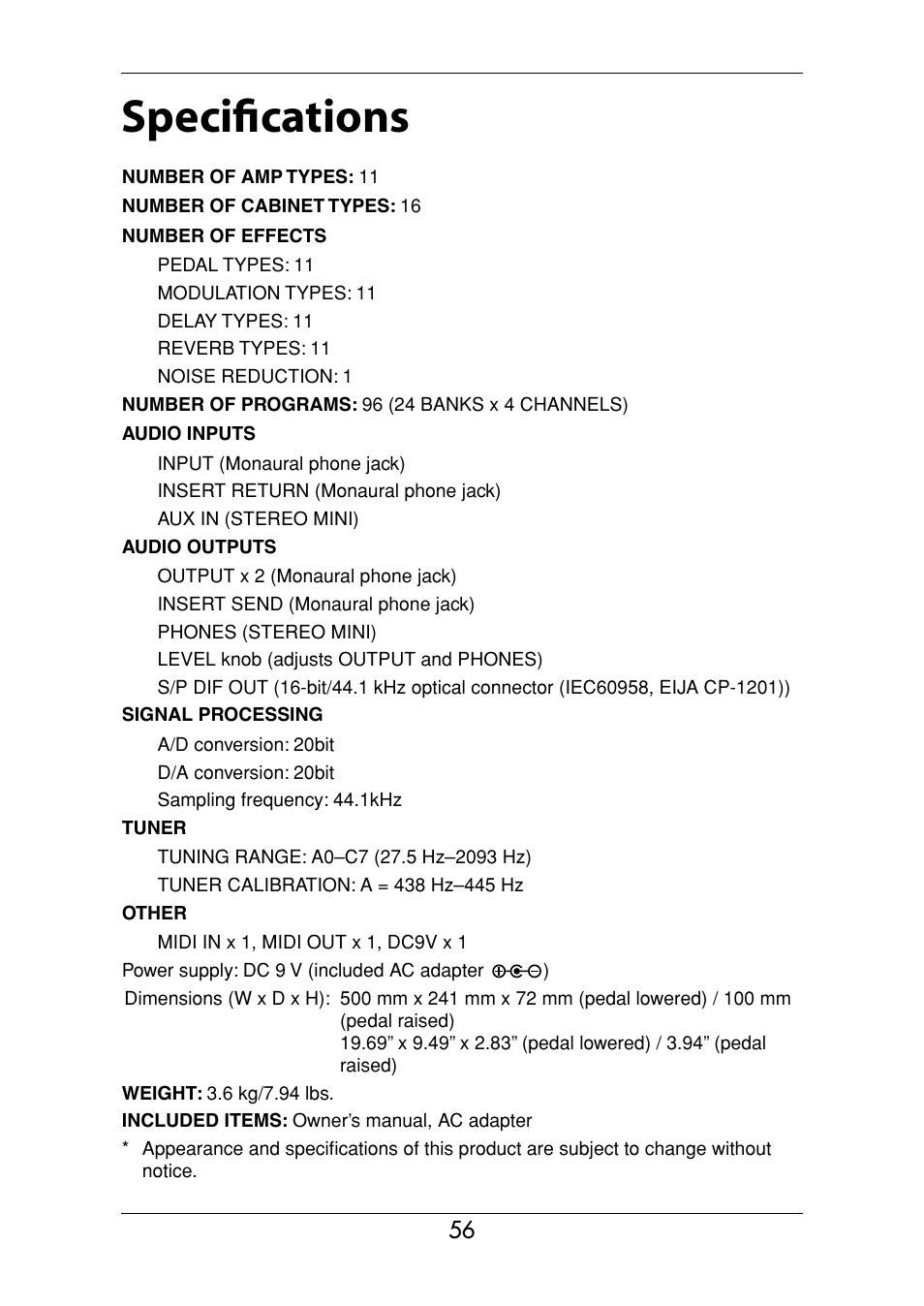 Specifications | KORG Ax3000g User Manual | Page 62 / 67