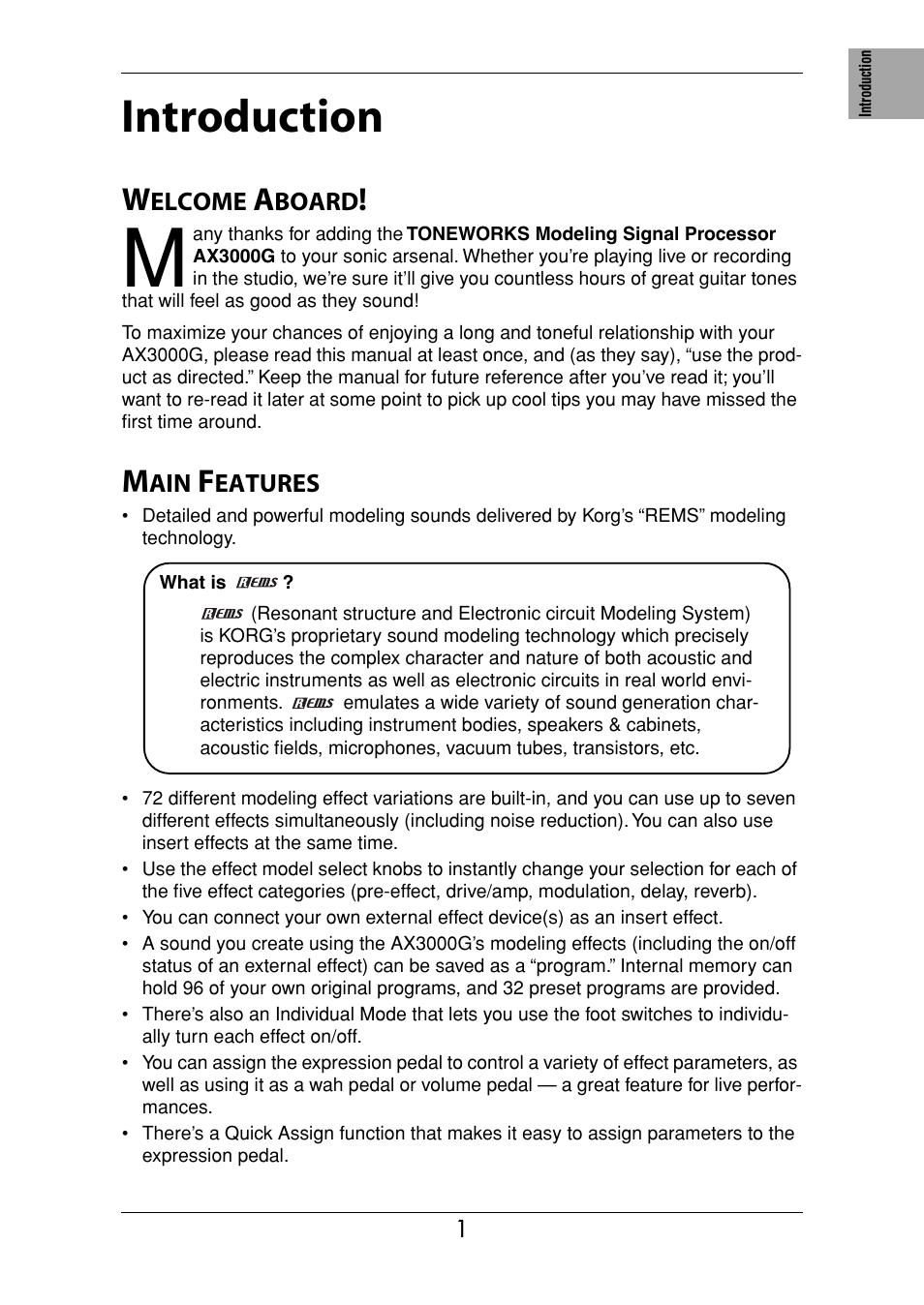 Introduction, Welcome aboard, Main features | KORG Ax3000g User Manual | Page 7 / 67