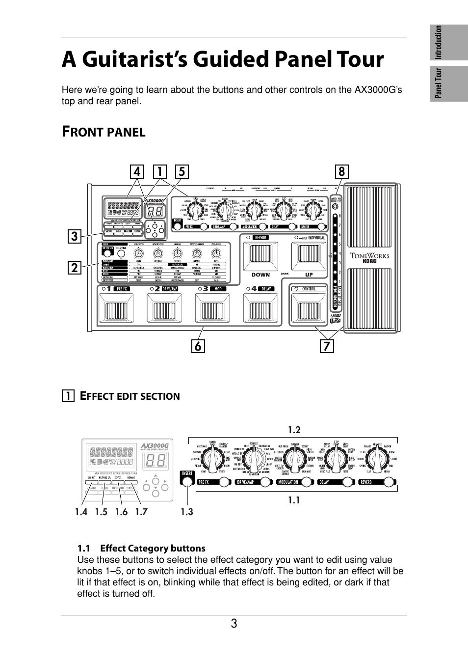 A guitarist's guided panel tour, Front panel, Effect edit section | A guitarist’s guided panel tour, Ront, Panel | KORG Ax3000g User Manual | Page 9 / 67