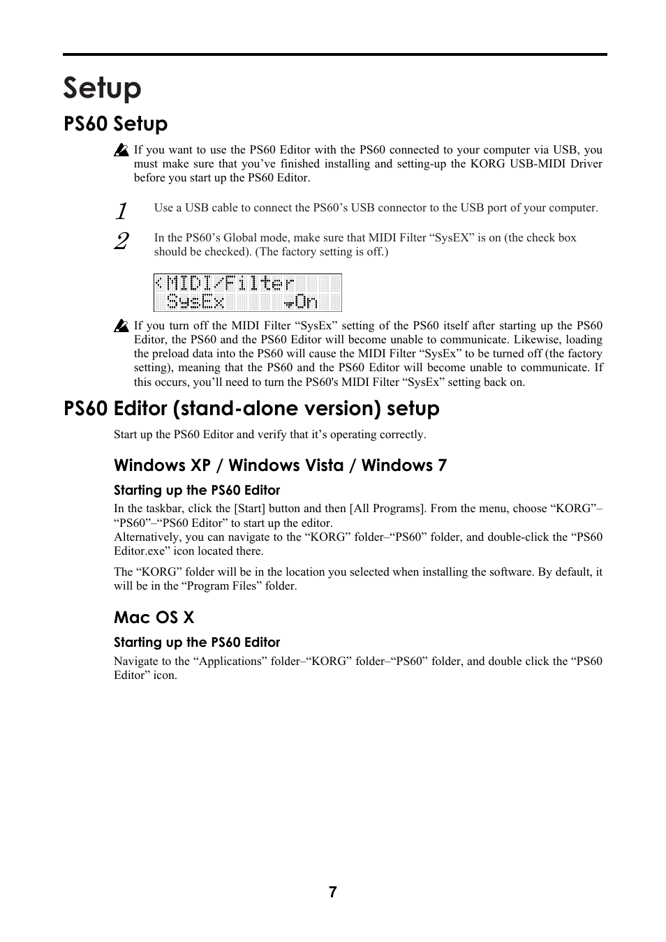 Setup, Ps60 setup, Ps60 editor (stand-alone version) setup | Windows xp / windows vista / windows 7, Mac os x | KORG Performance Synthesizer PS60 User Manual | Page 10 / 37
