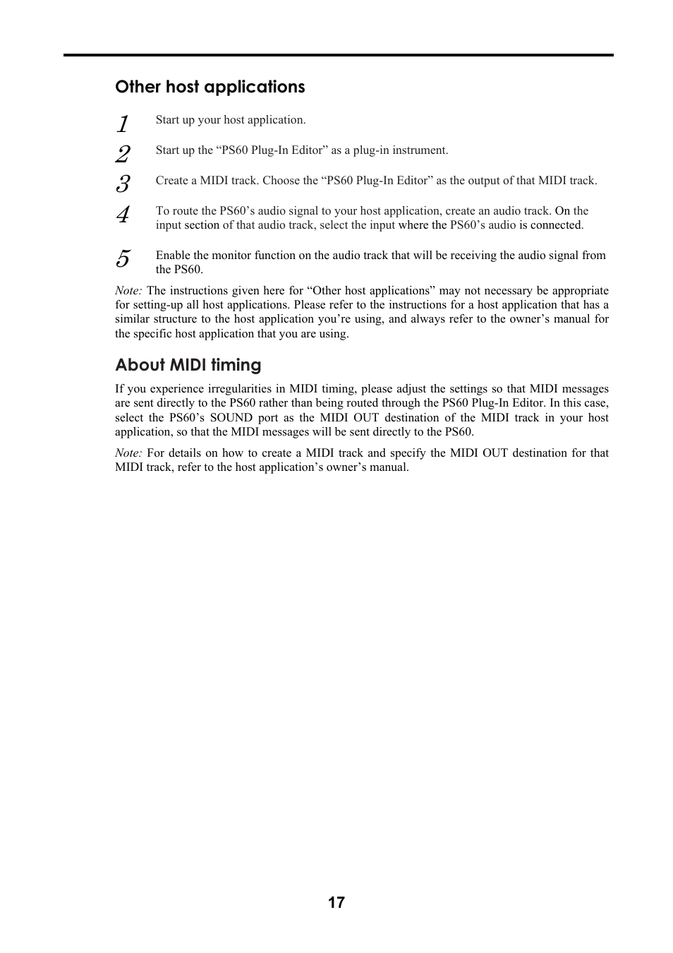 Other host applications, About midi timing | KORG Performance Synthesizer PS60 User Manual | Page 20 / 37