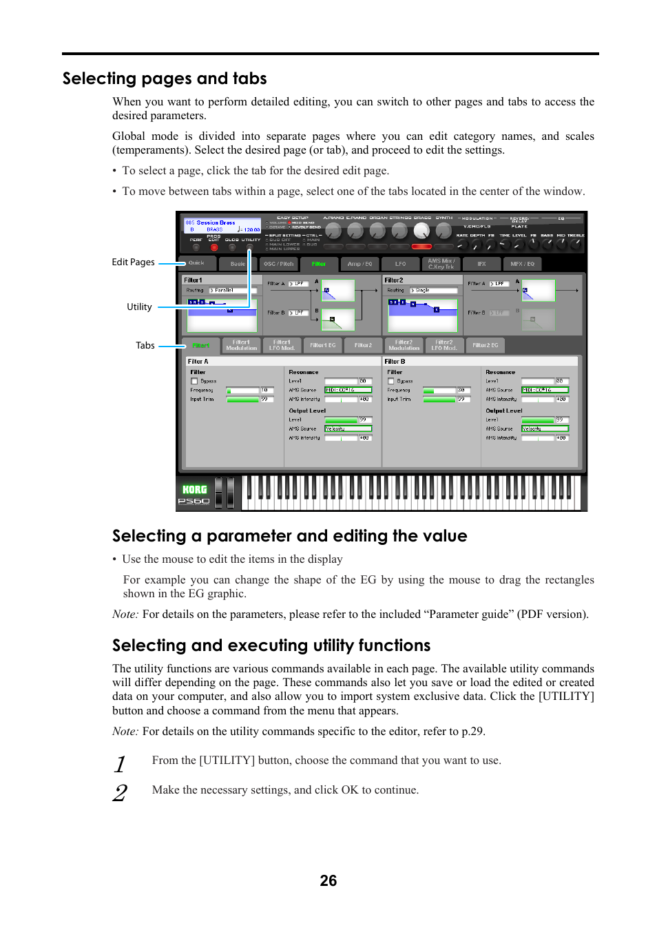 Selecting a parameter and editing the value, Selecting and executing utility functions, Selecting pages and tabs | KORG Performance Synthesizer PS60 User Manual | Page 29 / 37