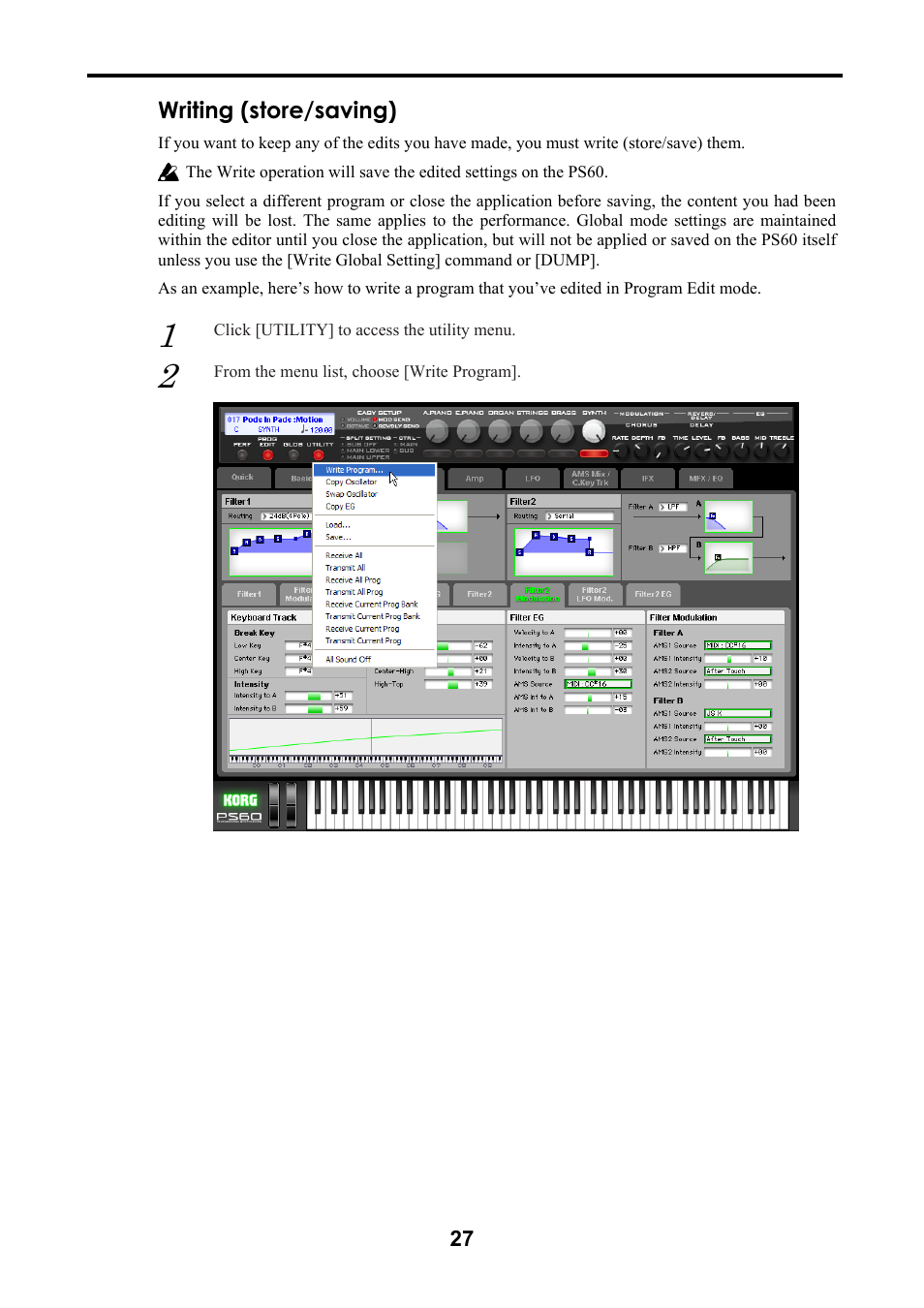 Writing (store/saving) | KORG Performance Synthesizer PS60 User Manual | Page 30 / 37