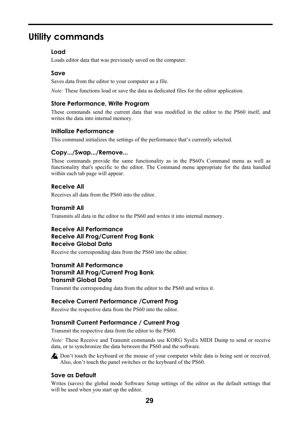 Utility commands | KORG Performance Synthesizer PS60 User Manual | Page 32 / 37
