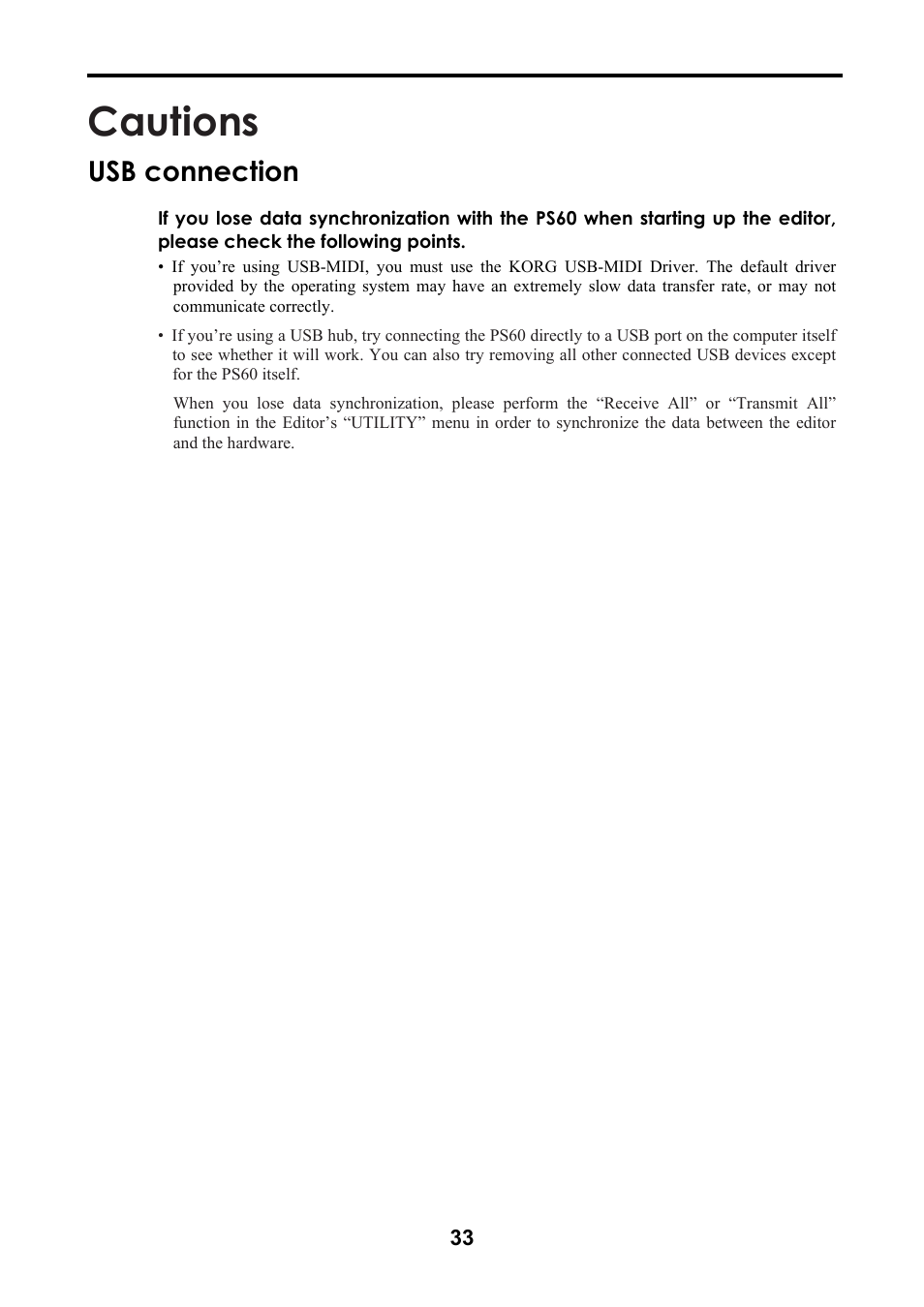 Cautions, Usb connection | KORG Performance Synthesizer PS60 User Manual | Page 36 / 37