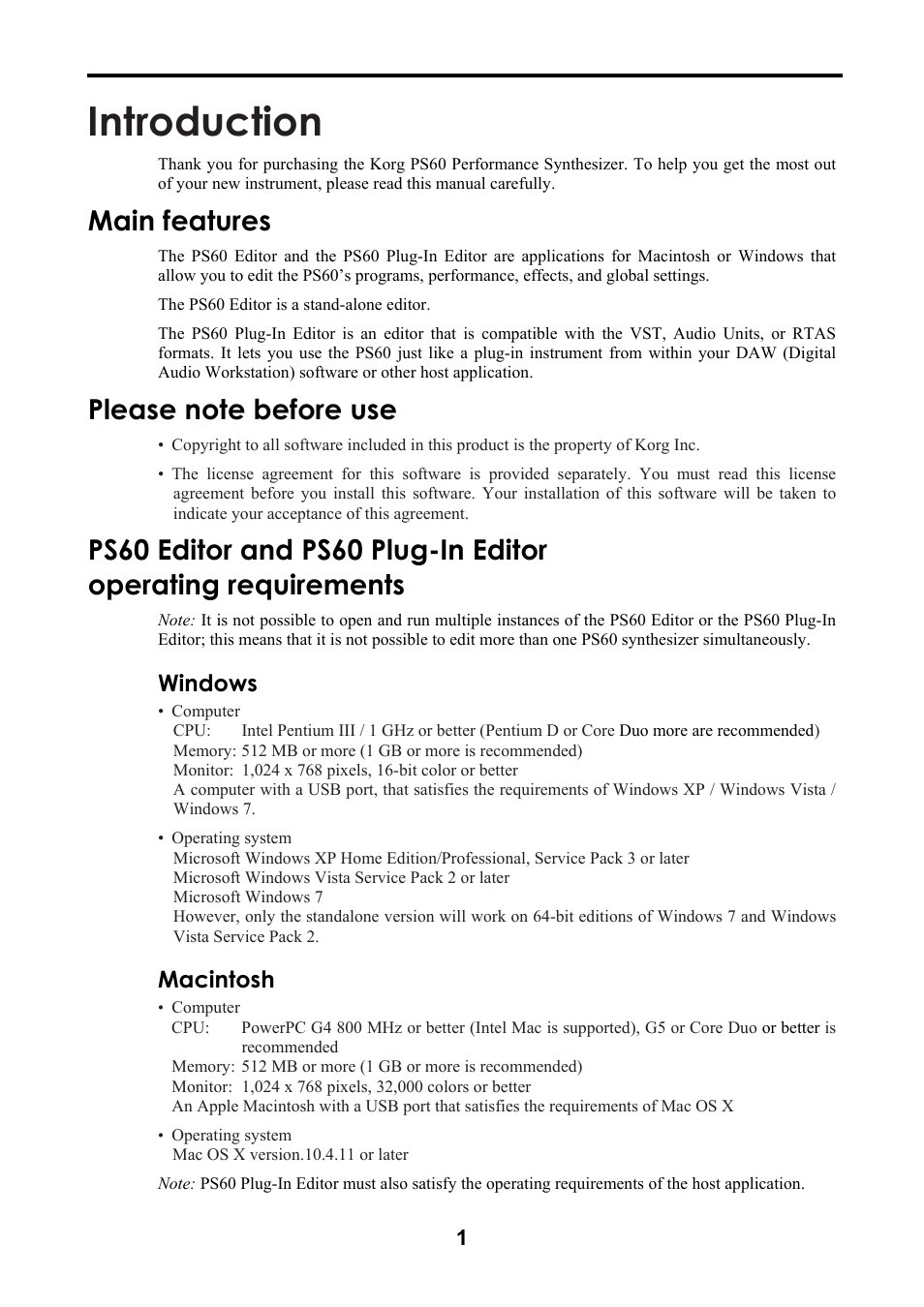 Introduction, Main features, Please note before use | Windows, Macintosh | KORG Performance Synthesizer PS60 User Manual | Page 4 / 37
