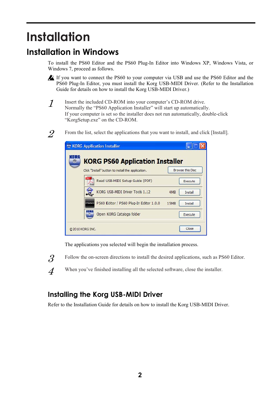 Installation, Installation in windows, Installing the korg usb-midi driver | KORG Performance Synthesizer PS60 User Manual | Page 5 / 37