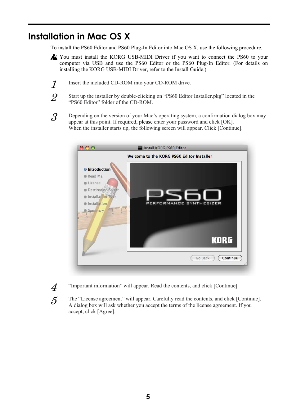 Installation in mac os x | KORG Performance Synthesizer PS60 User Manual | Page 8 / 37