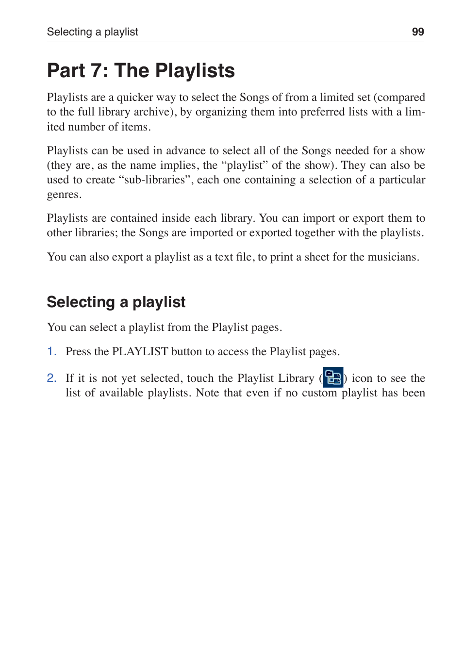 Part 7: the playlists, Selecting a playlist | KORG MP-10 PRO User Manual | Page 103 / 252