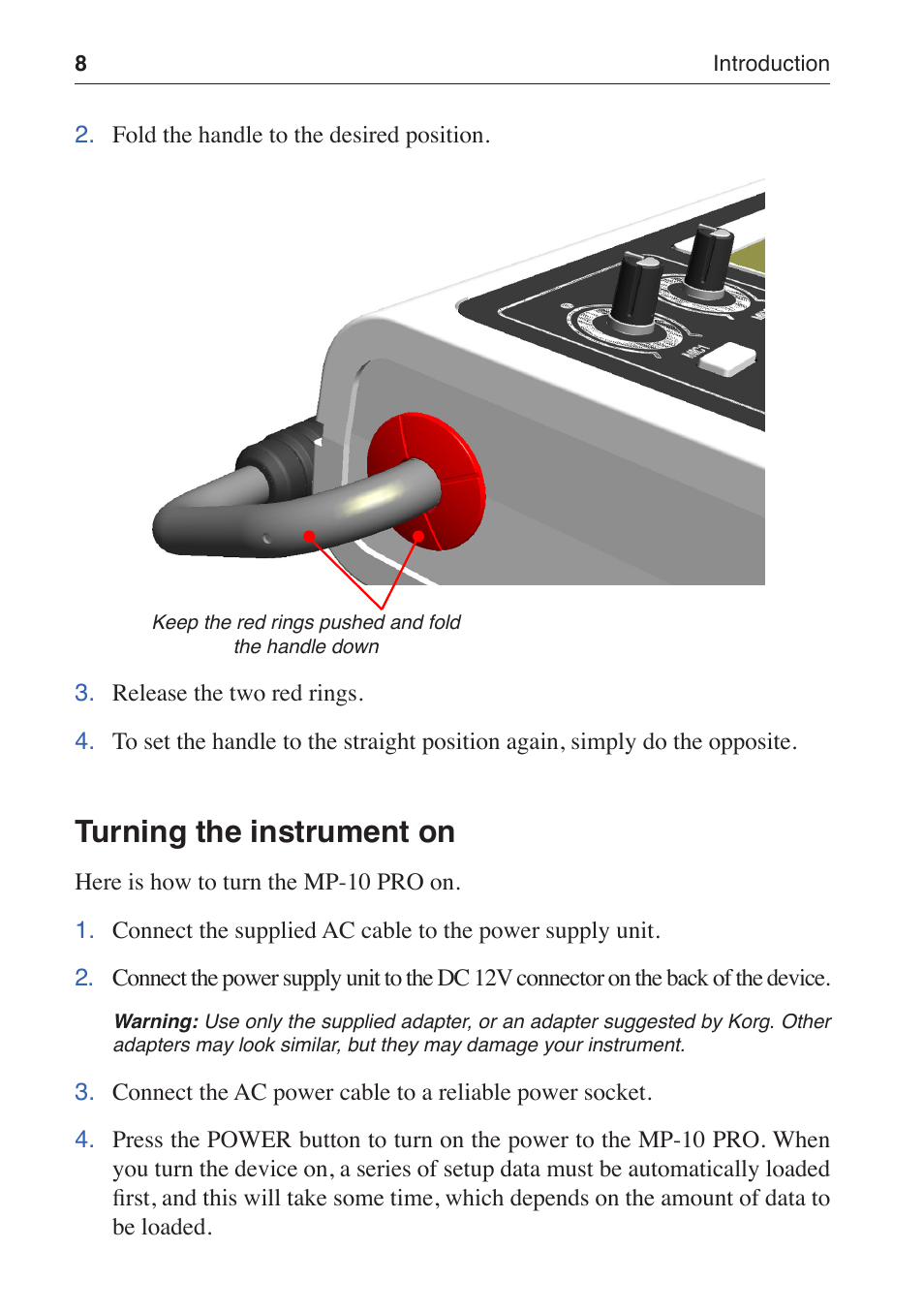 Turning the instrument on | KORG MP-10 PRO User Manual | Page 12 / 252