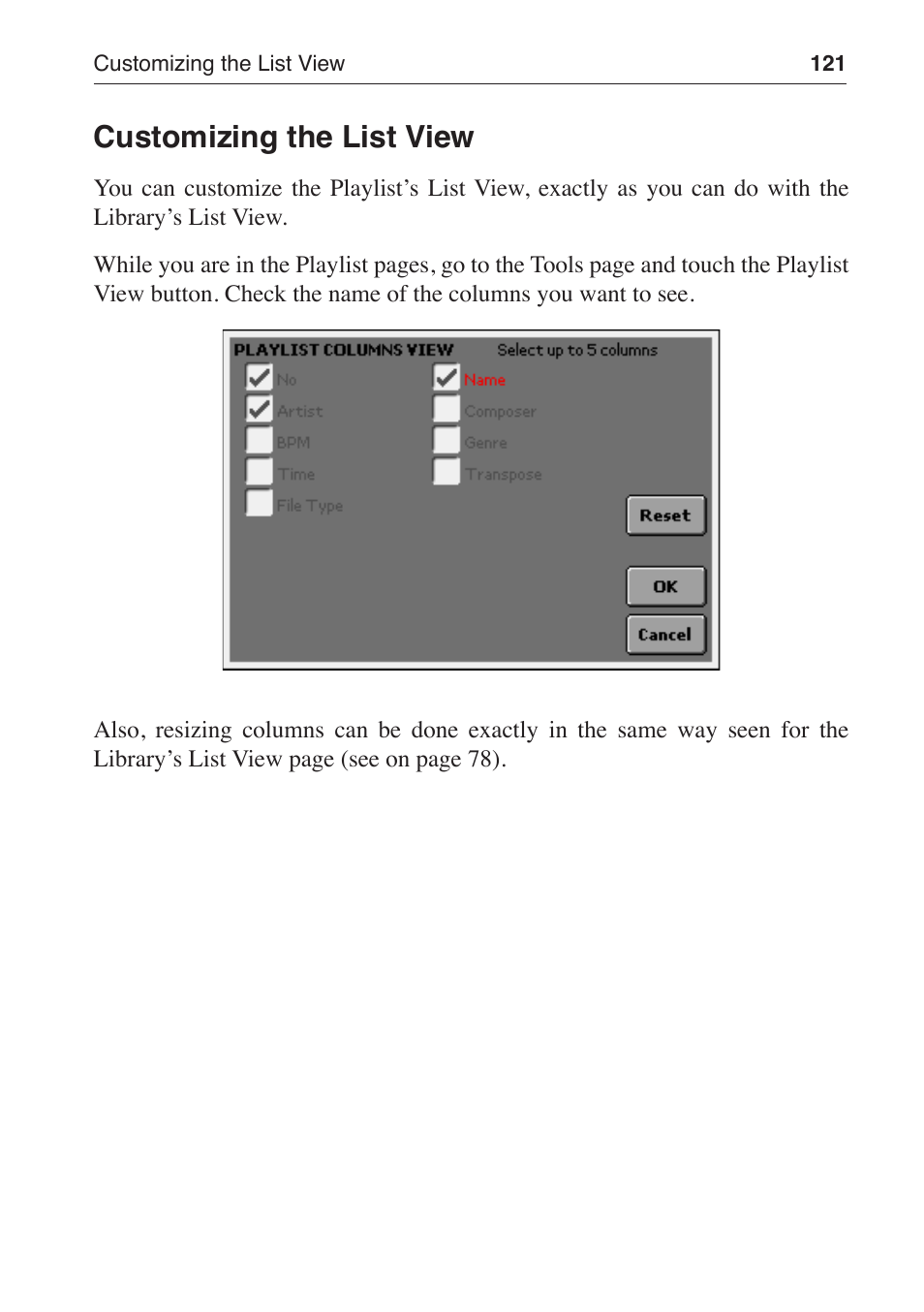 Customizing the list view | KORG MP-10 PRO User Manual | Page 125 / 252