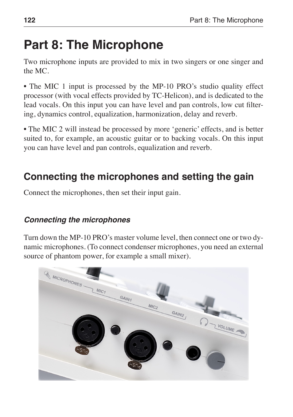 Part 8: the microphone, Connecting the microphones and setting the gain | KORG MP-10 PRO User Manual | Page 126 / 252