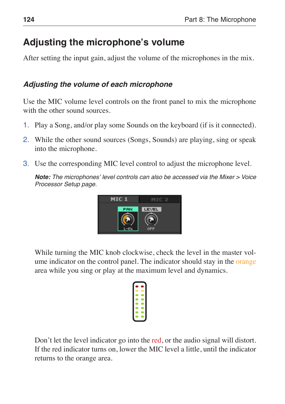 Adjusting the microphone’s volume | KORG MP-10 PRO User Manual | Page 128 / 252