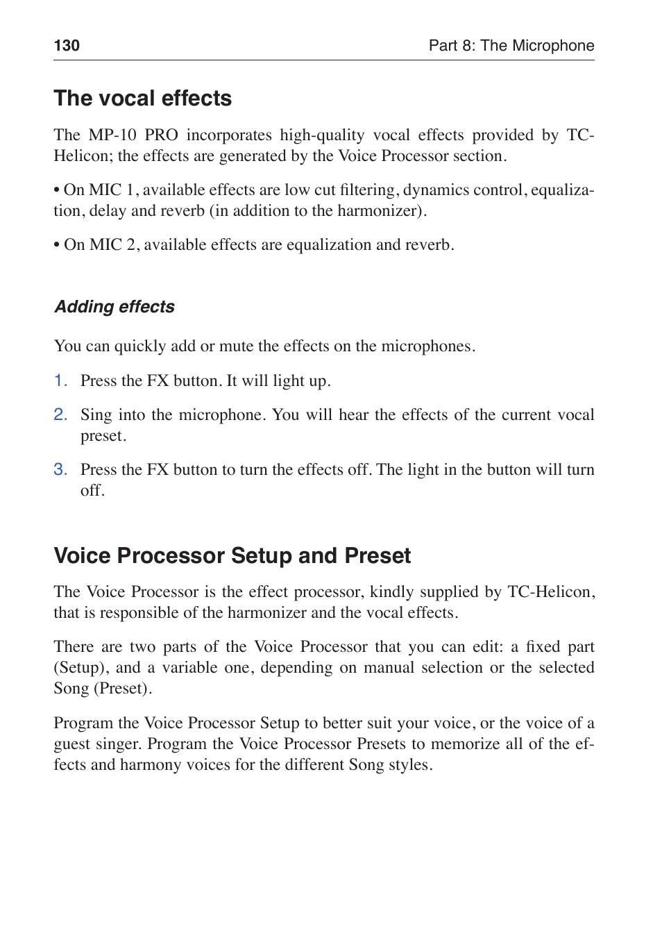 The vocal effects, Voice processor setup and preset | KORG MP-10 PRO User Manual | Page 134 / 252