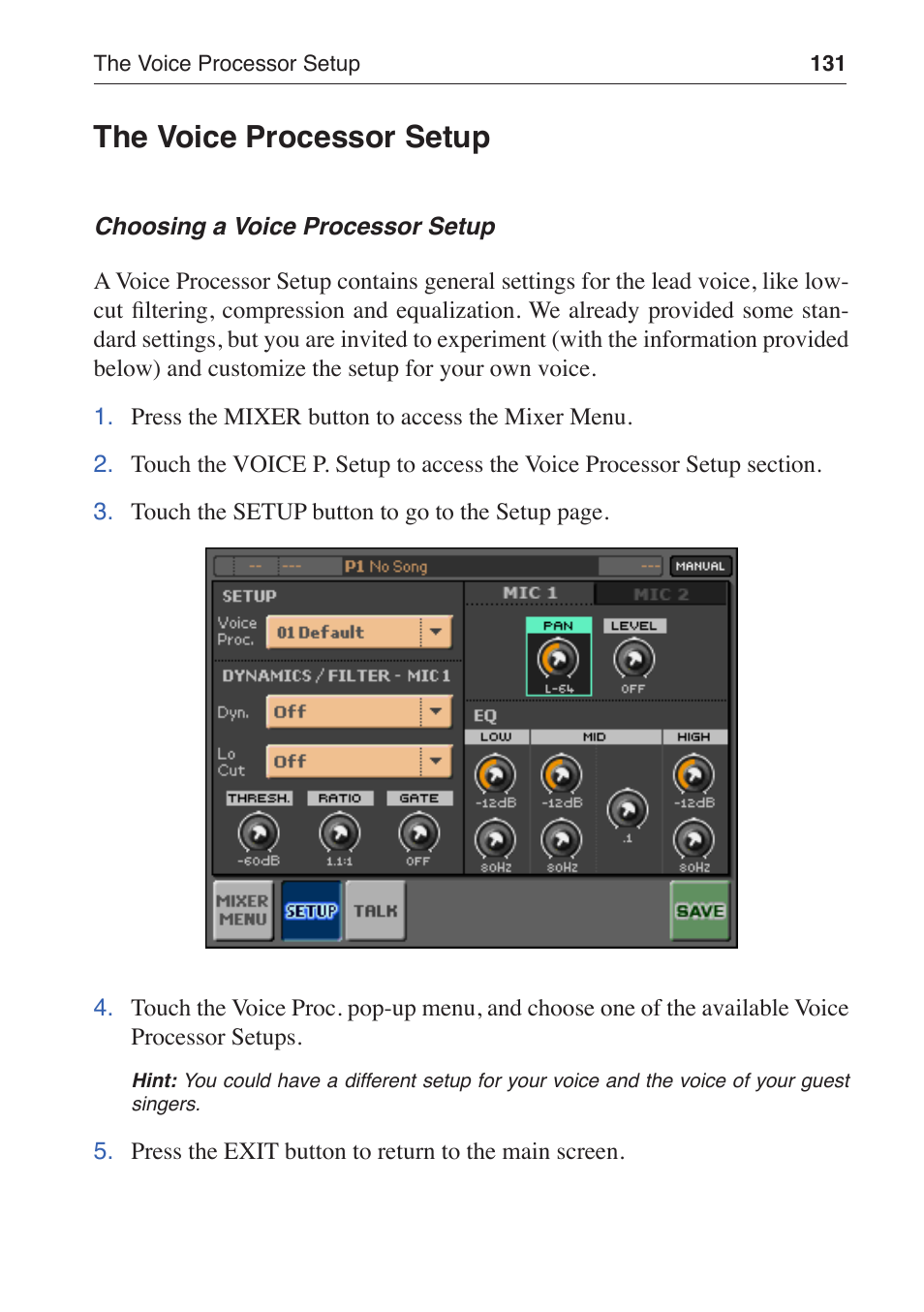 The voice processor setup | KORG MP-10 PRO User Manual | Page 135 / 252